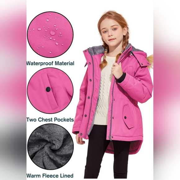 YXP Girls Winter Coat Pink Elastic Waist Warm Fleece Lined Work Removable Hood - Picture 9 of 12